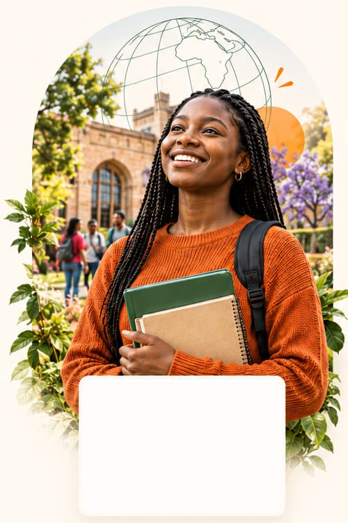 A smiling student holding notebooks on a leafy university campus.